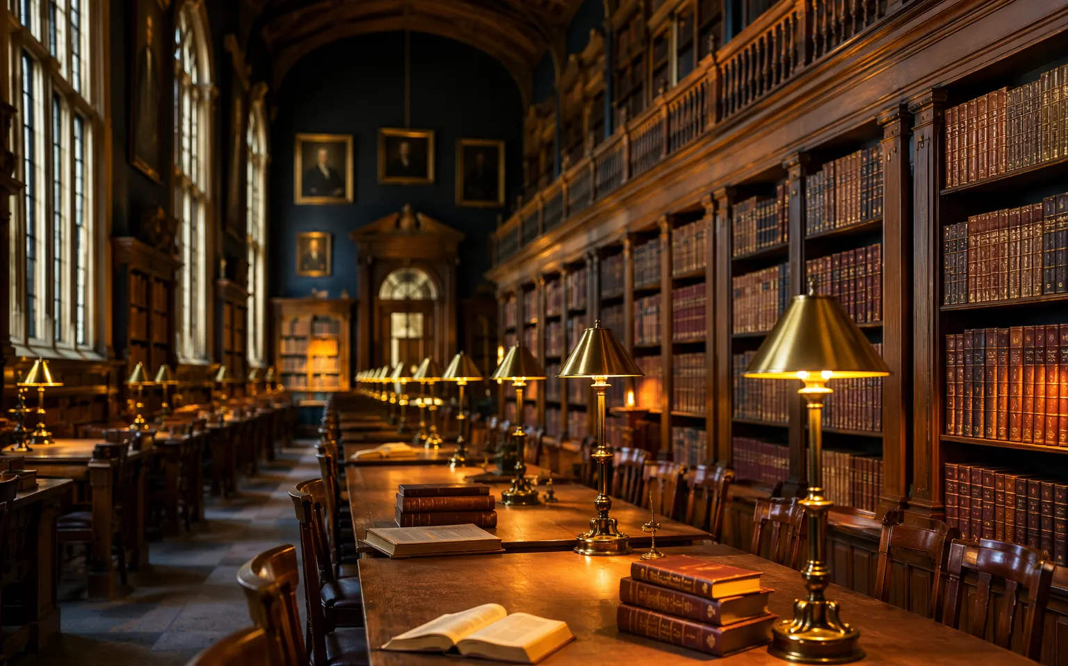 Traditional British university library reading room