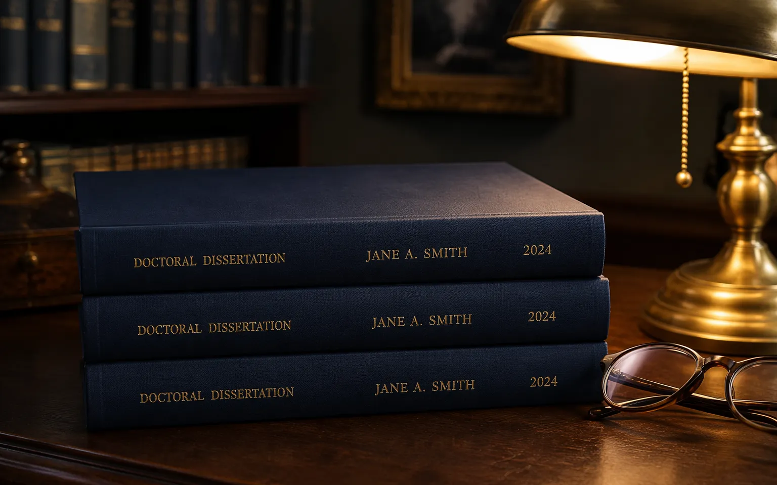 Bound doctoral dissertation volumes beside a brass desk lamp