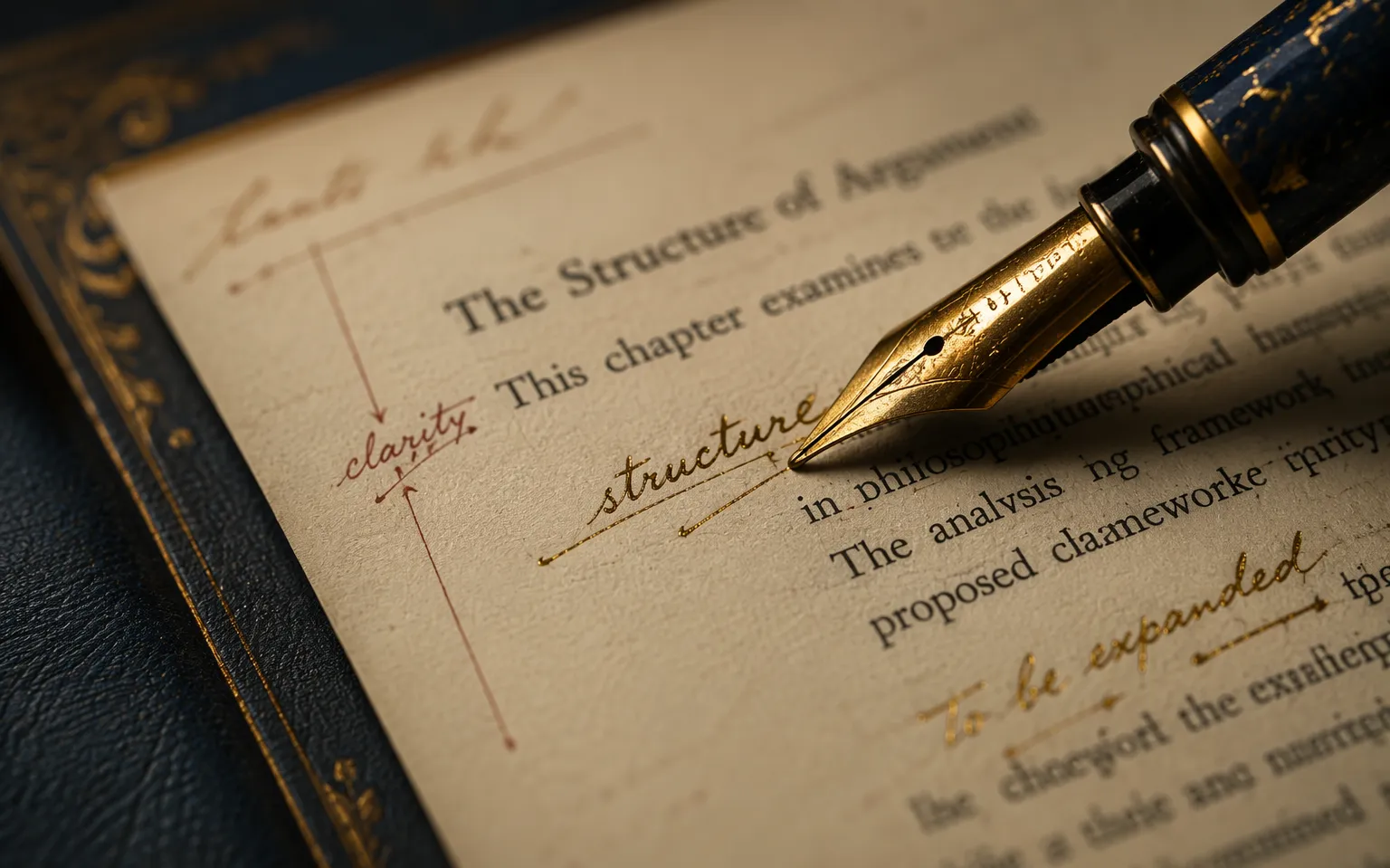 Close-up of a fountain pen editing a manuscript with gold-ink corrections
